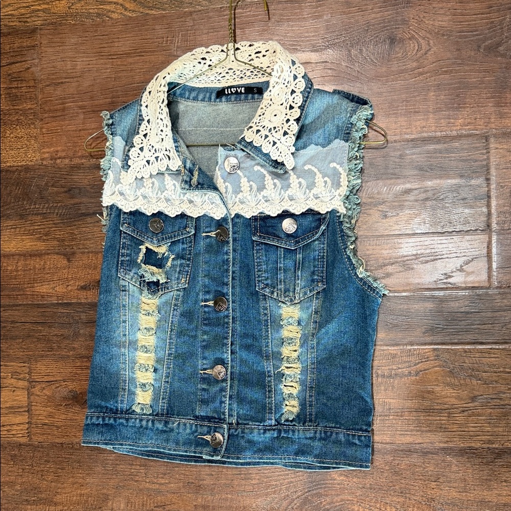 Love Distressed Blue Denim Tank Top with Cream Lace Collar